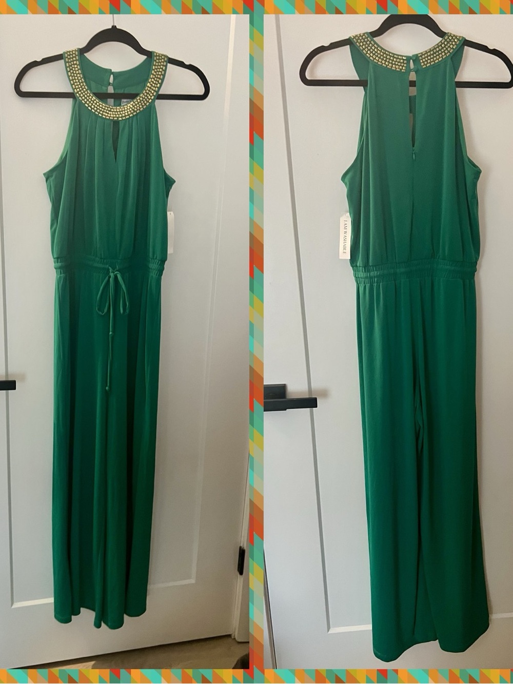 ✅Flash Sale❤️Shelby & Palmer Green Halter Jumpsuit with Beaded Neckline